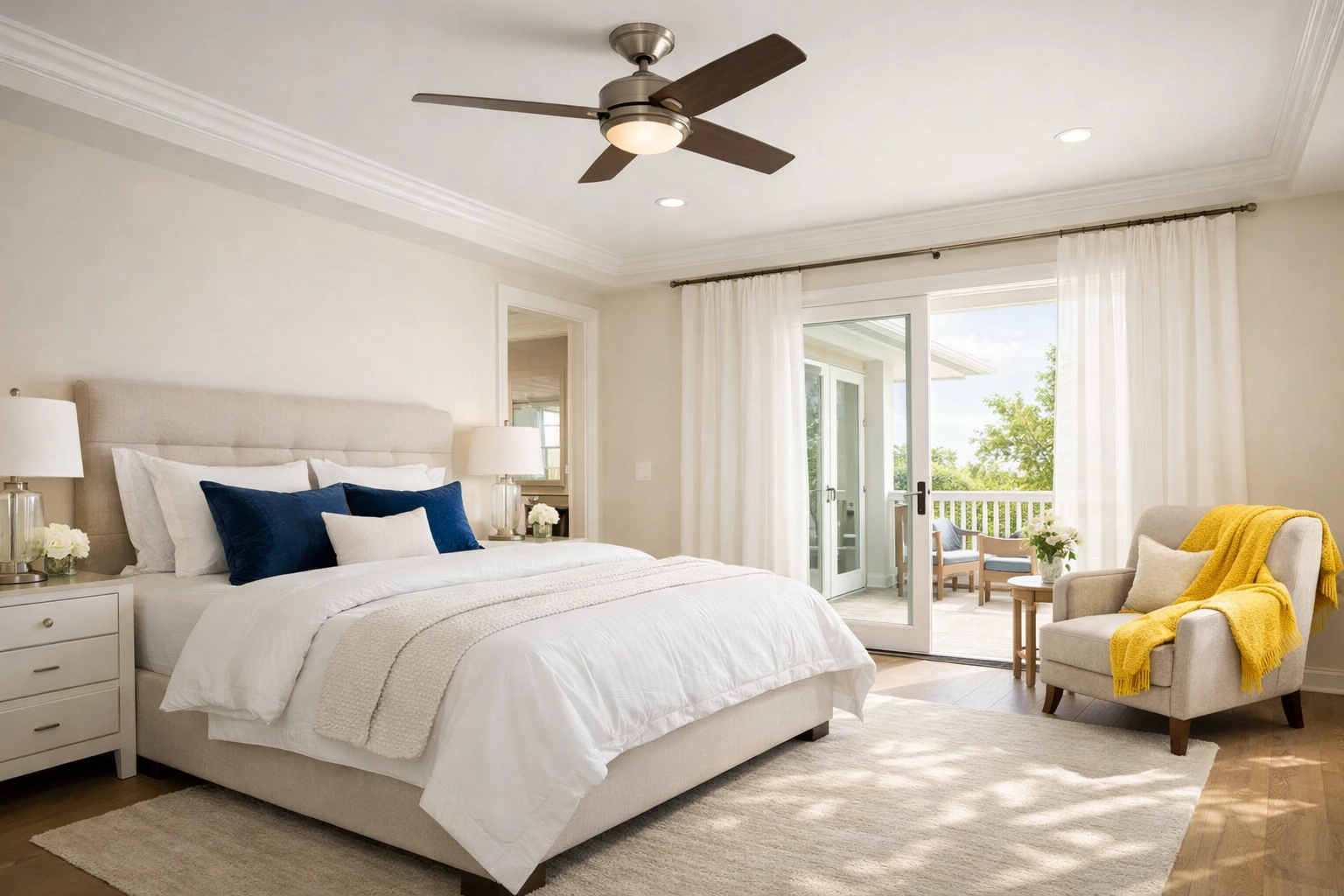 Sunlit master bedroom in Fitchburg with fresh linens after a spring cleaning refresh.
