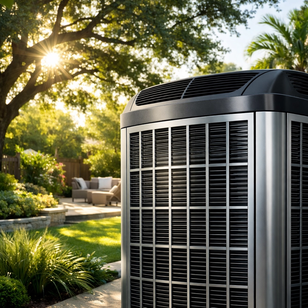 Modern outdoor AC condenser in a Houston backyard illustrating energy-efficient HVAC technology.