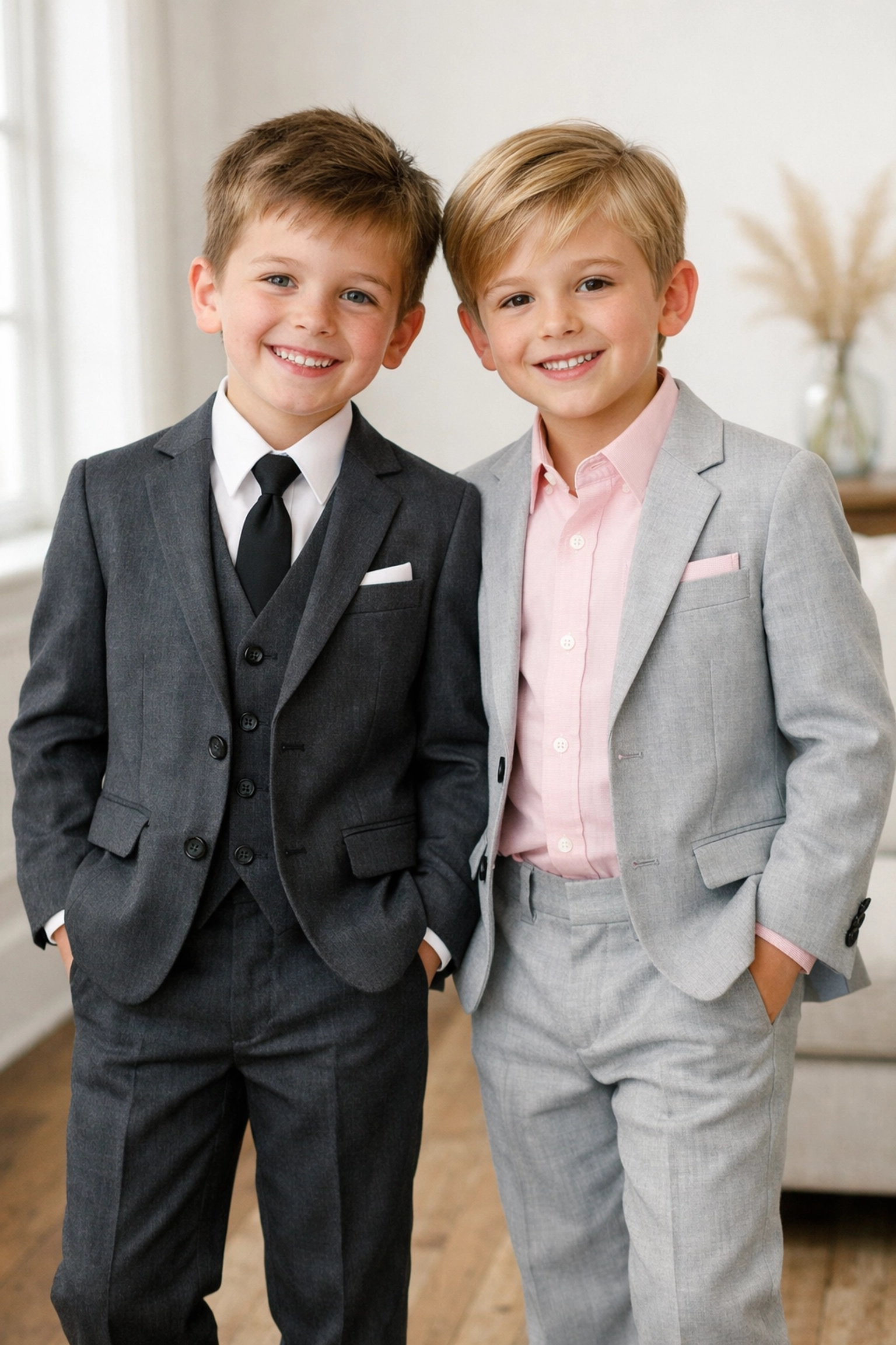 Two boys in charcoal grey and light grey suits side by side