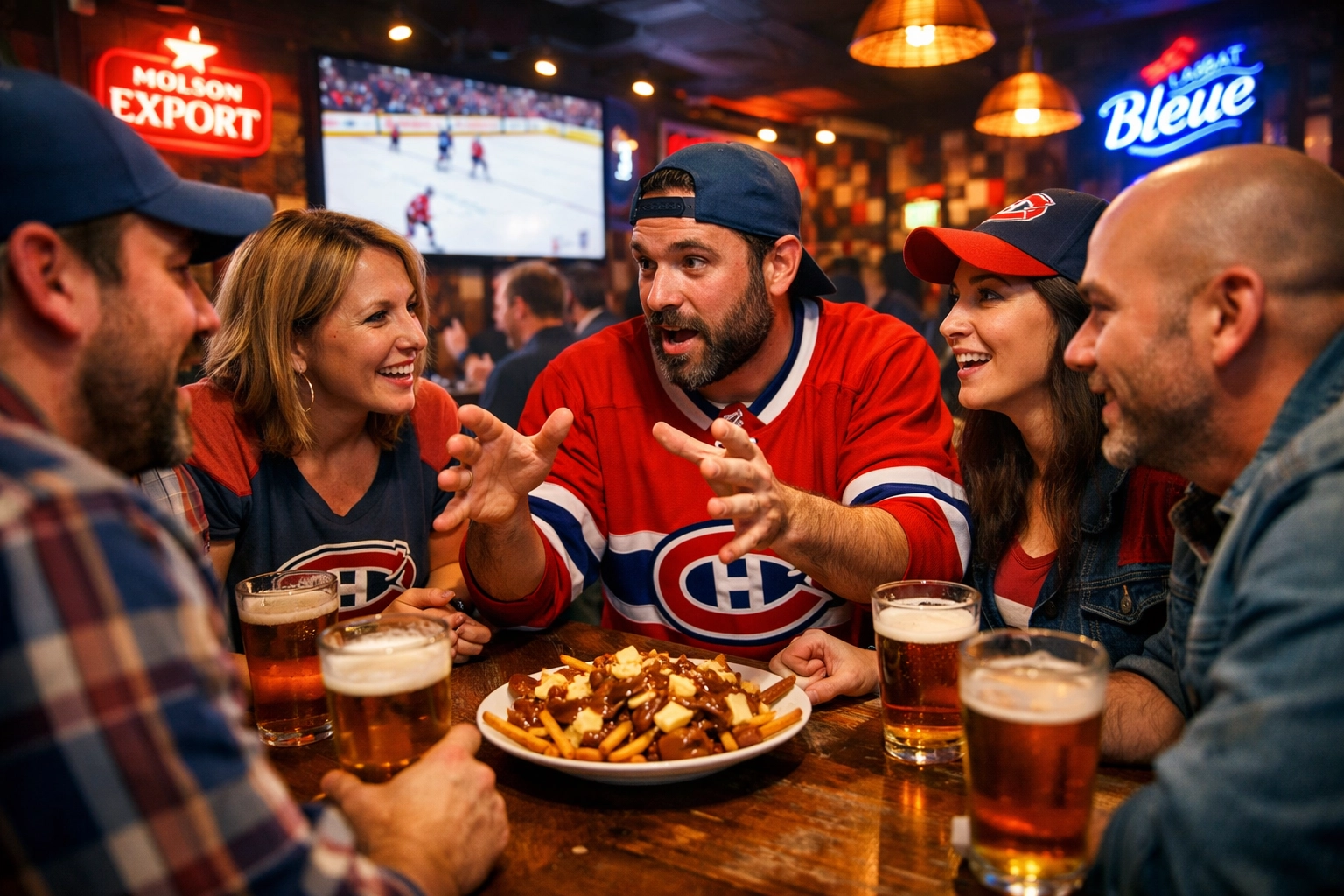 Group of fans in a Montreal pub debating hockey over poutine and craft beers.