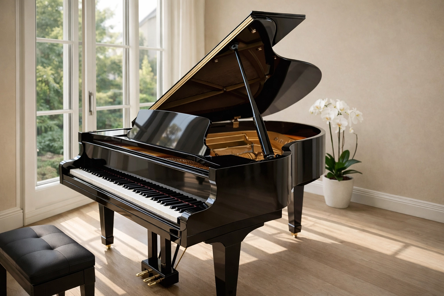 Elegant grand piano in a luxury conservatory requiring specialist piano insurance coverage