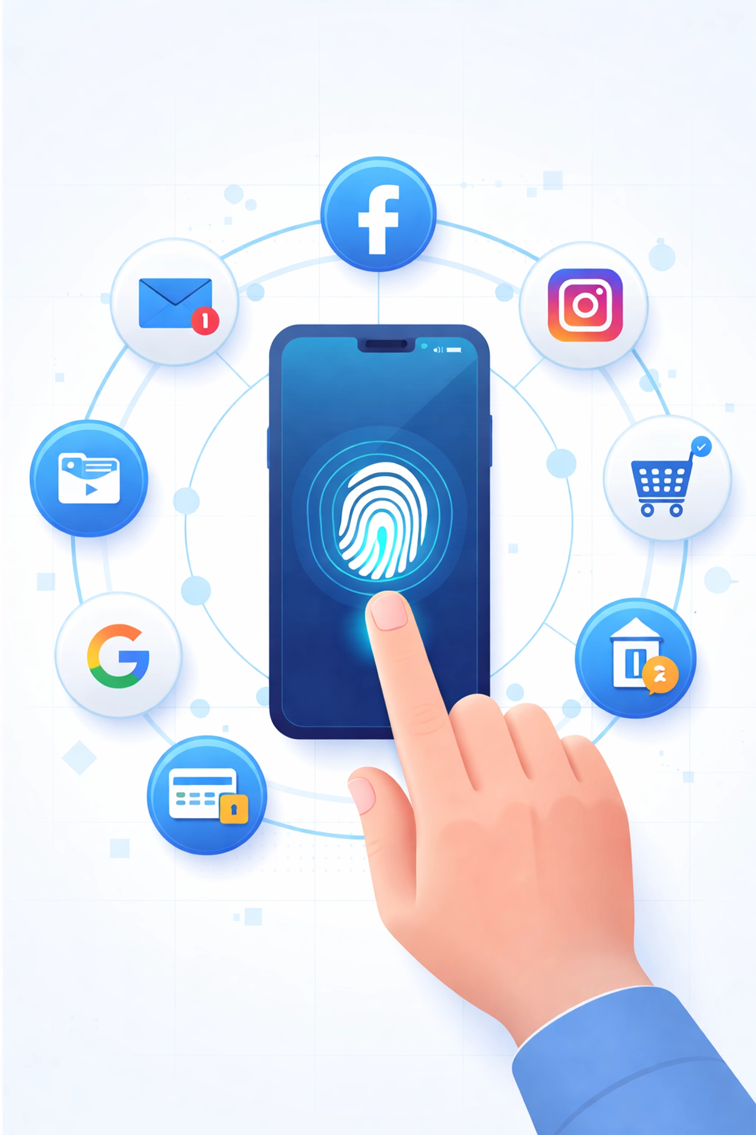 Person using fingerprint authentication on a smartphone surrounded by app icons, emphasizing convenient PC security and passkeys.