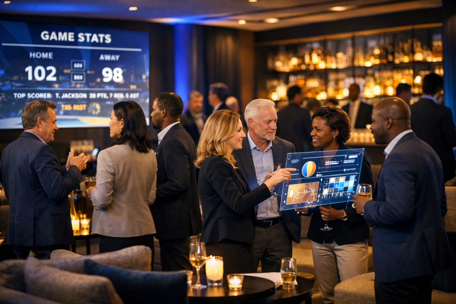 Business executives networking in VIP lounge during corporate Super Bowl event