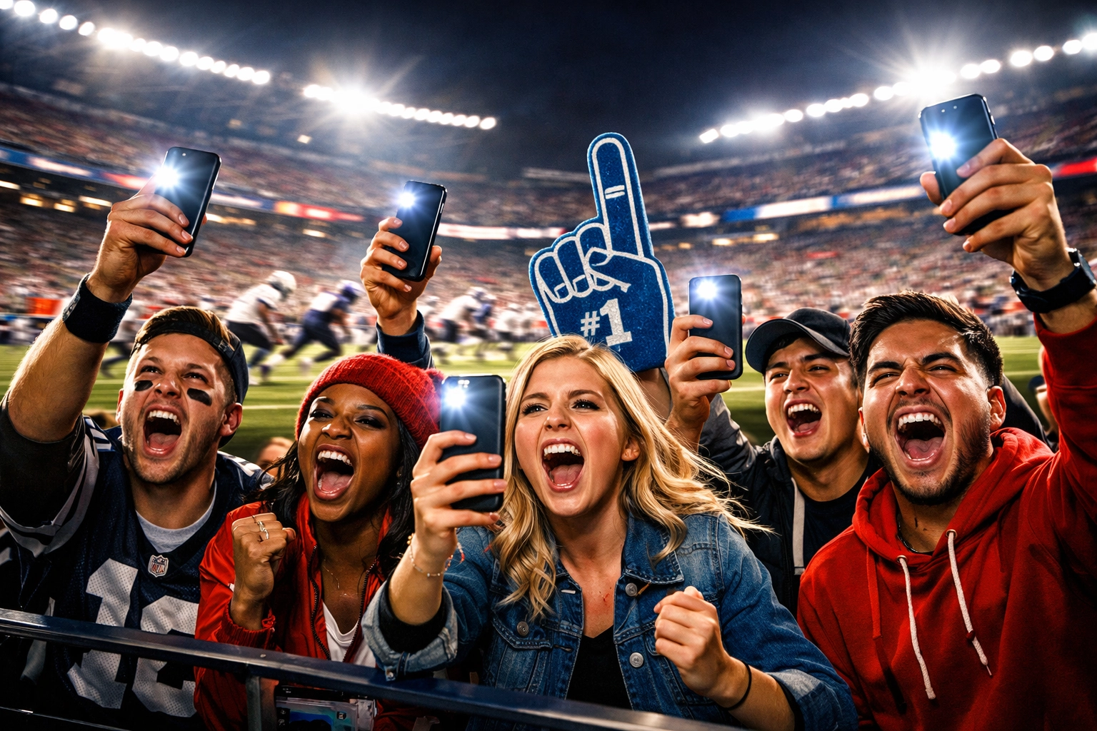 Diverse football fans in a stadium using smartphones to engage with a Super Bowl digital marketing campaign.