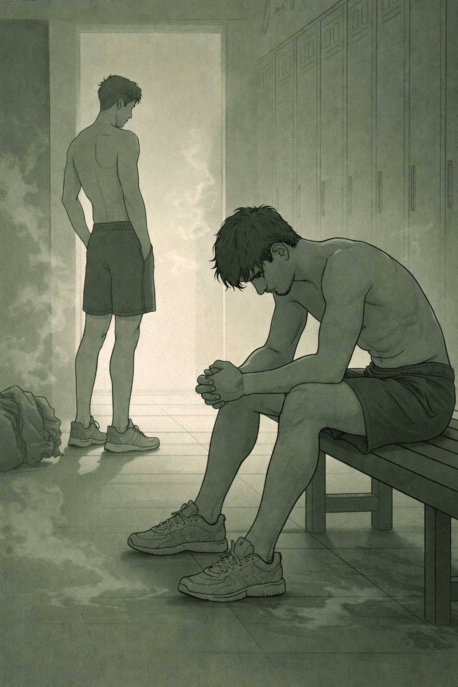 Two men in a tense locker room setting, capturing internal conflict and emotional silence in MM hockey romance