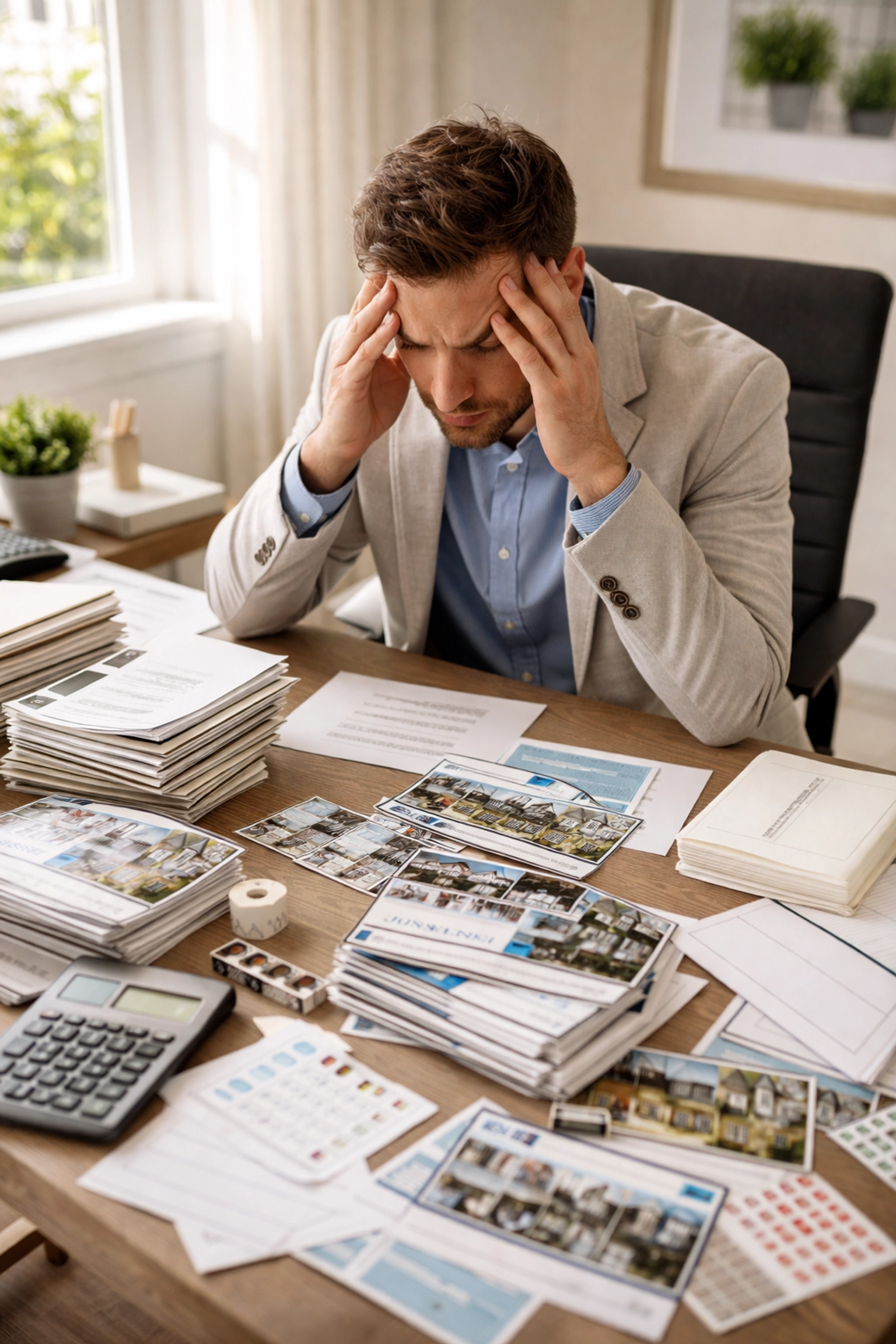 Stressed real estate agent overwhelmed by piles of marketing postcards, highlighting outdated real estate farming methods.