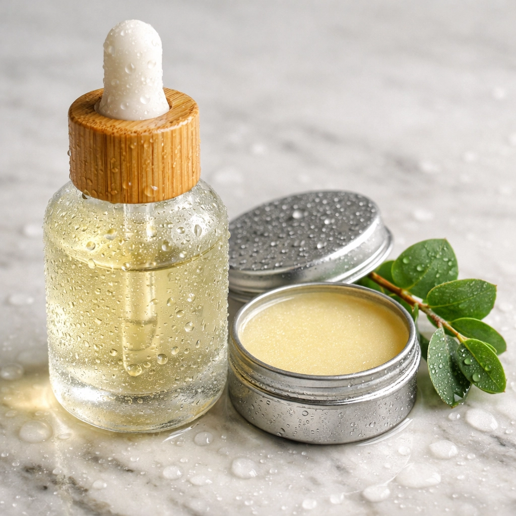 Luxury personal care swag set with botanical facial oil and organic lip balm on a marble surface.