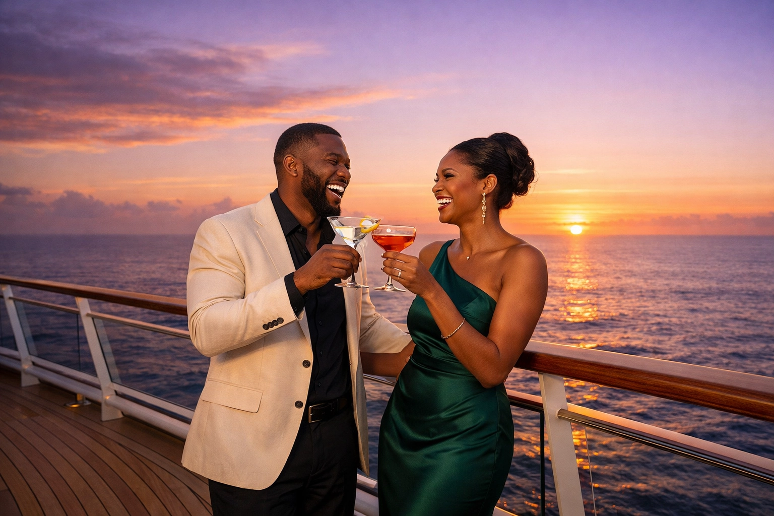 Sophisticated couple on a luxury cruise deck enjoying the results of an expert travel consultation.
