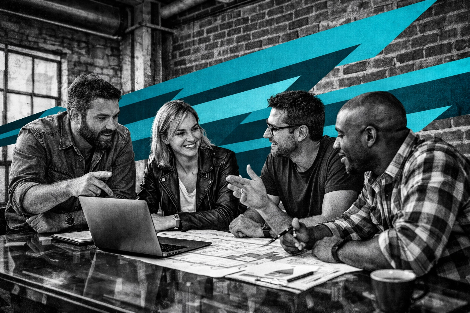 Small business team collaborating on project plans and lead management in a modern industrial office.