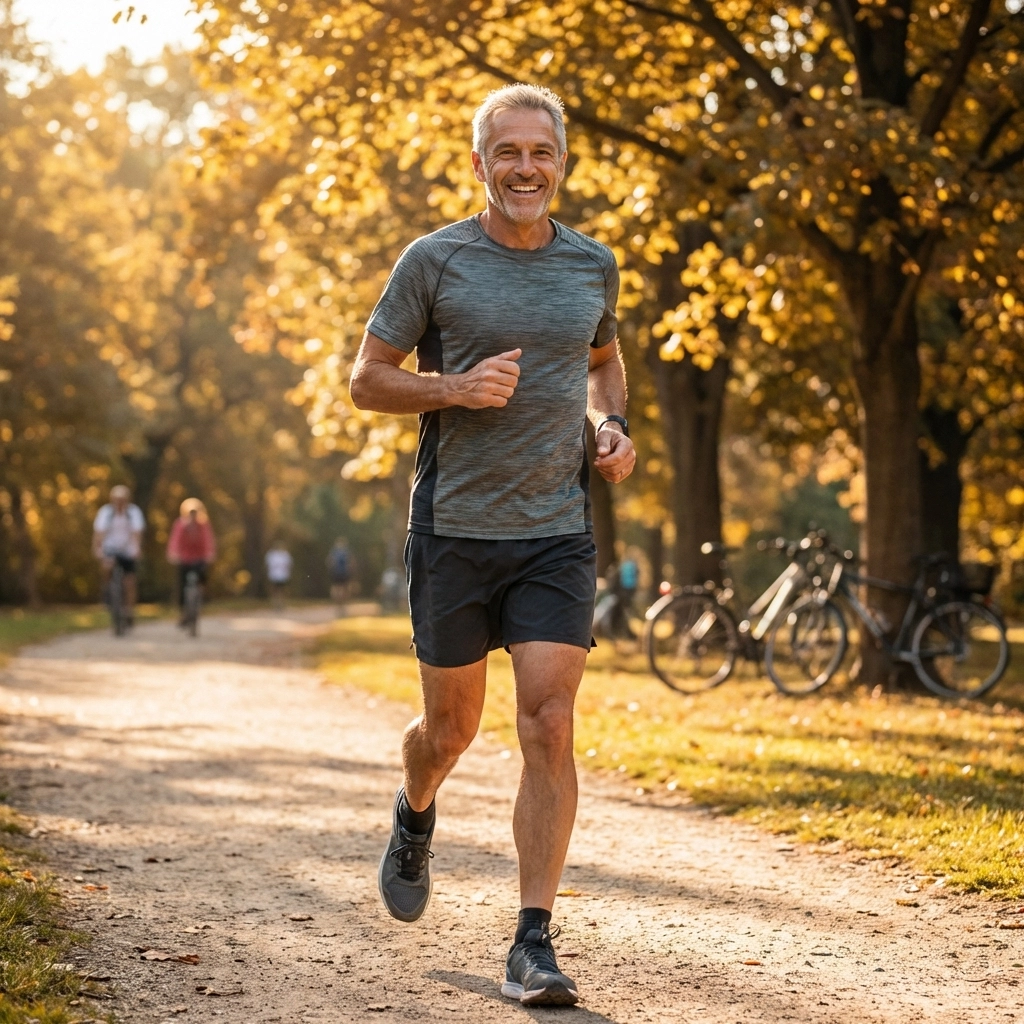 Fit man in his 50s jogging outdoors, showing increased energy and metabolic vitality from peptide therapy