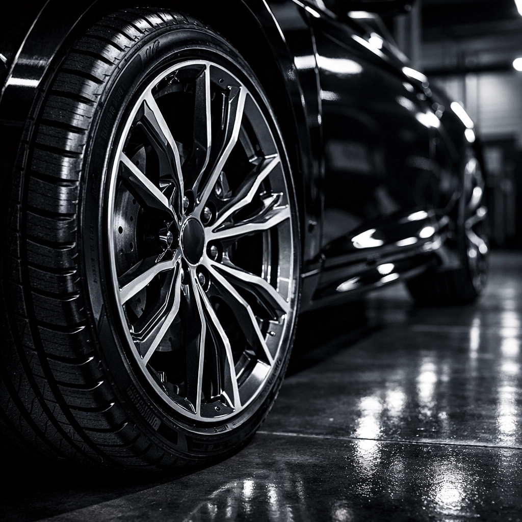 Macro shot of a clean luxury vehicle wheel and headlight showing professional maintenance quality.