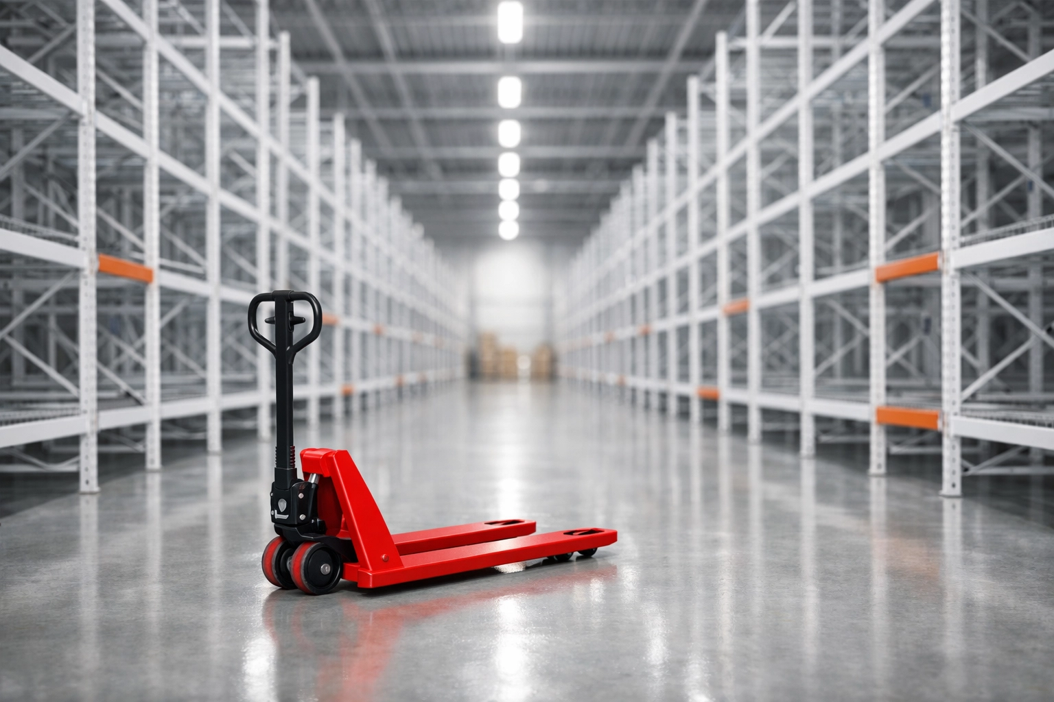 Modern industrial warehouse interior with clean white racking for retail logistics management.