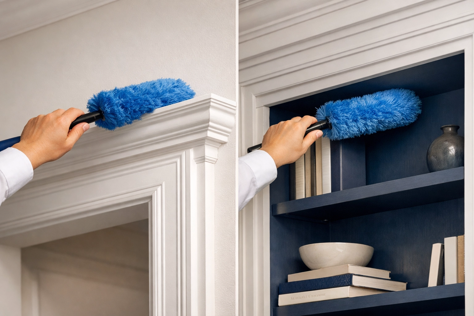 Professional deep cleaning specialist dusting hidden spots and bookshelves in a Franklin home.