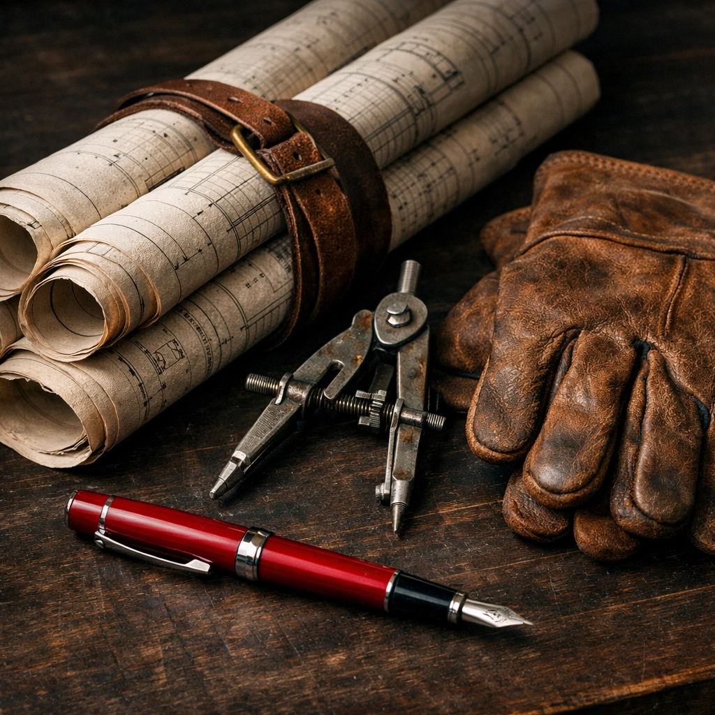Blueprints and rugged gloves on a desk, representing a warrior-steward audit for tax-advantaged income planning.