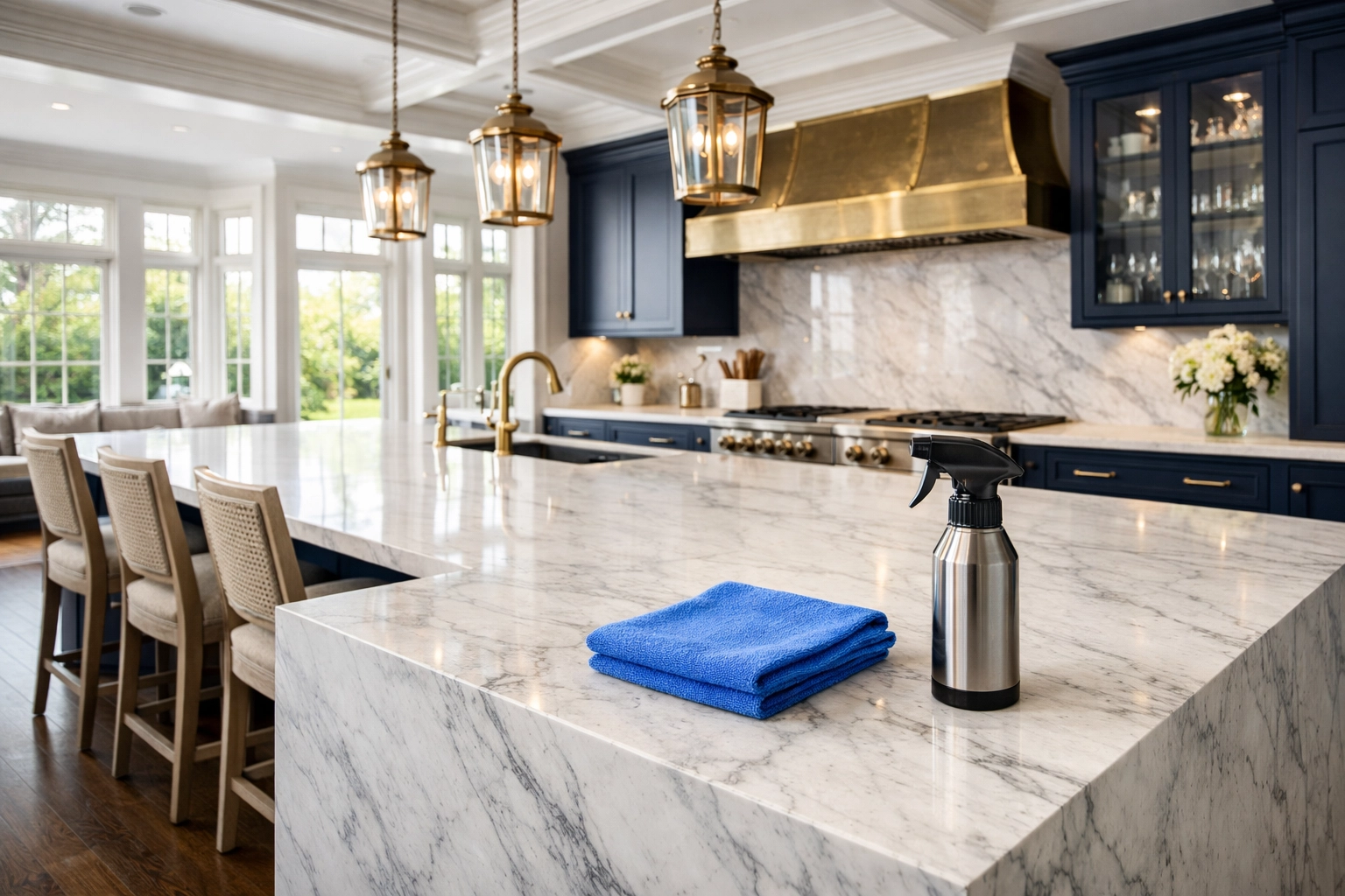 Spotless luxury kitchen in Dover featuring professional residential cleaning Massachusetts for a guest-ready home.