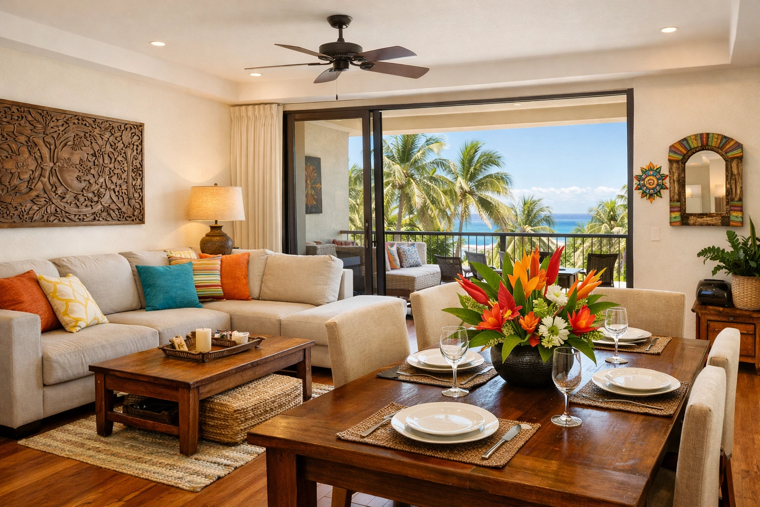 Spacious luxury condo interior with open living space and ocean views