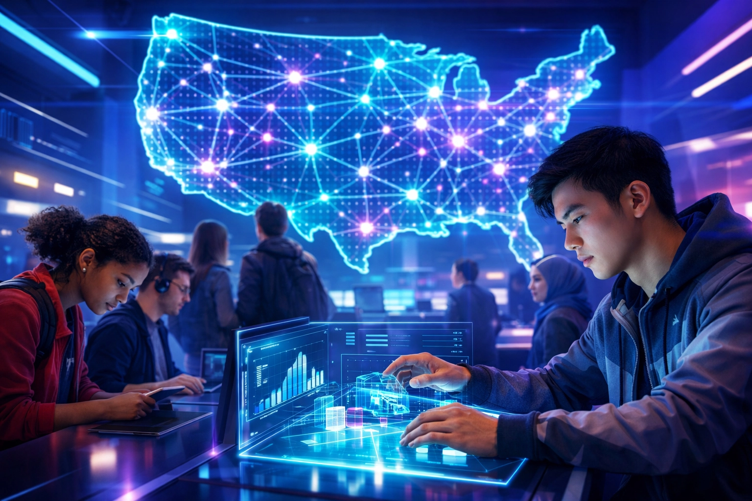 High school students engaging in simulation-based learning for workforce development across a national network.