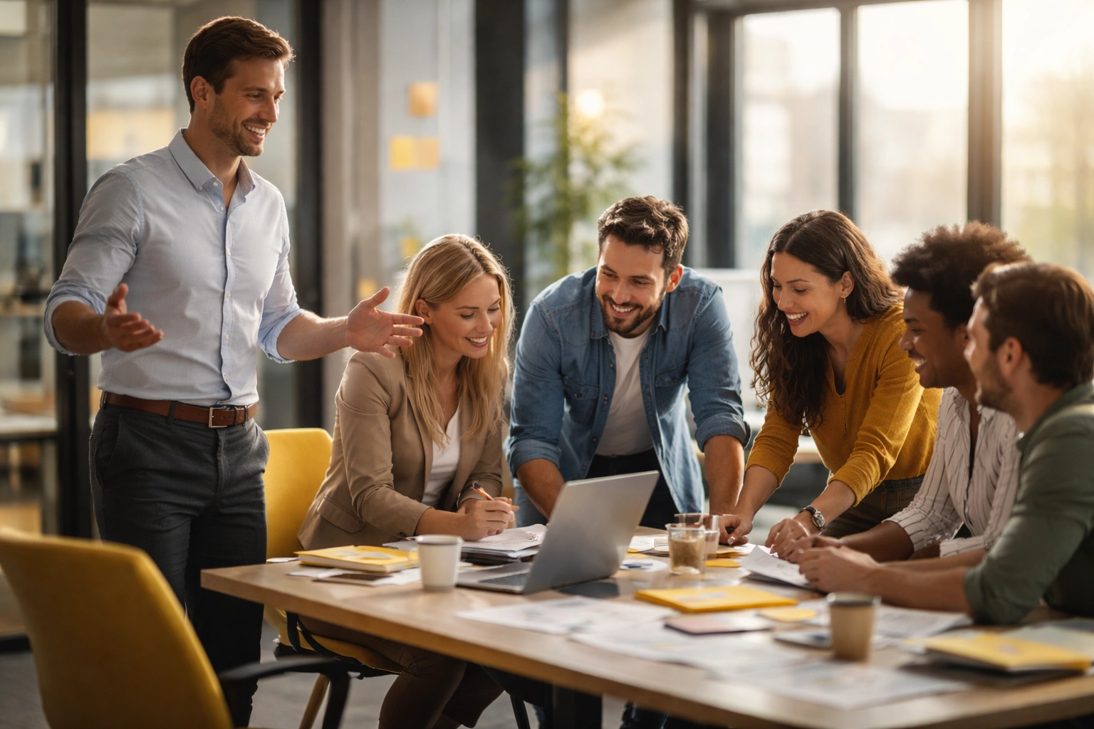 Confident team leader empowering engaged MSP employees collaborating for business independence