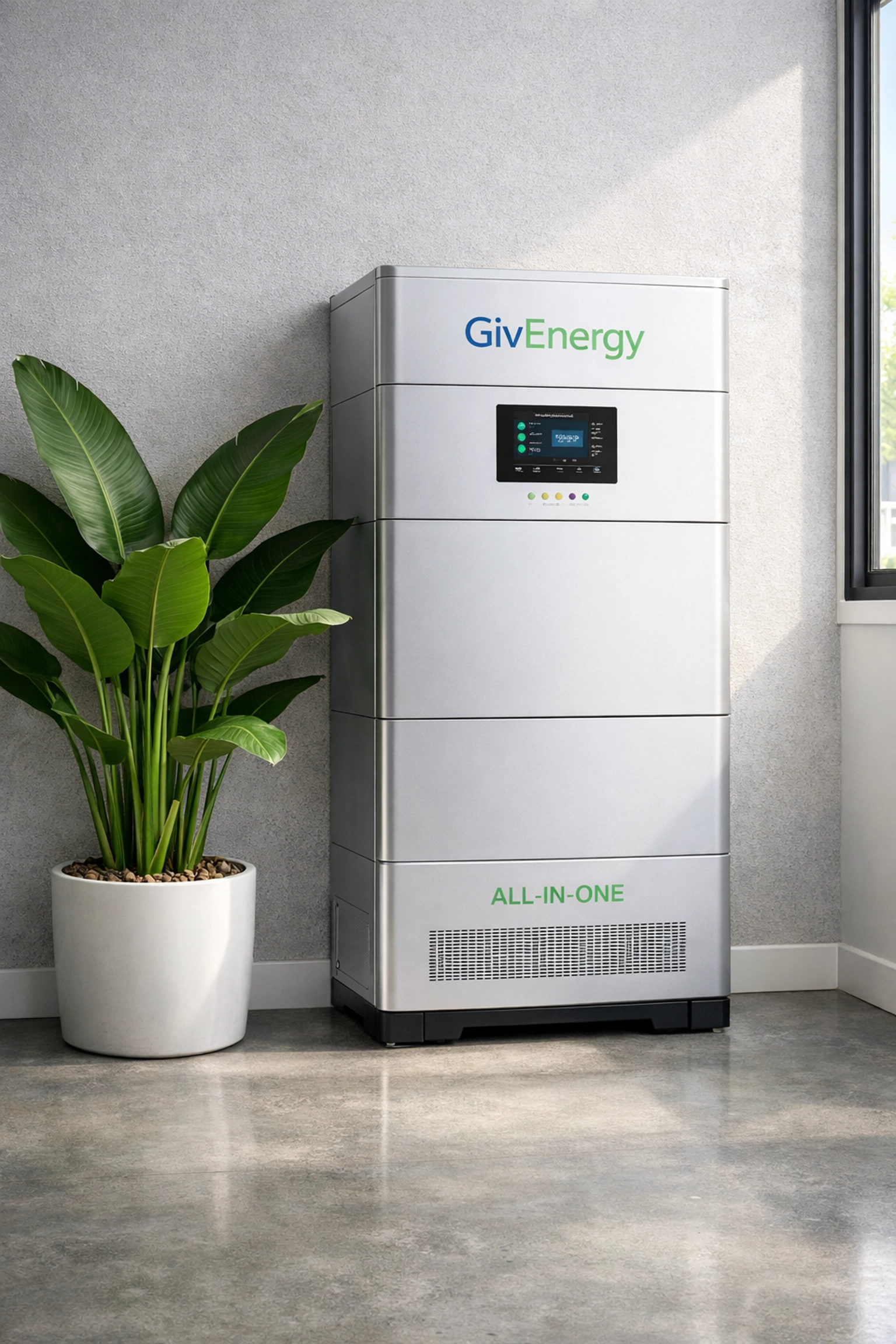 GivEnergy All-In-One solar battery installation in a bright, modern UK home utility space.