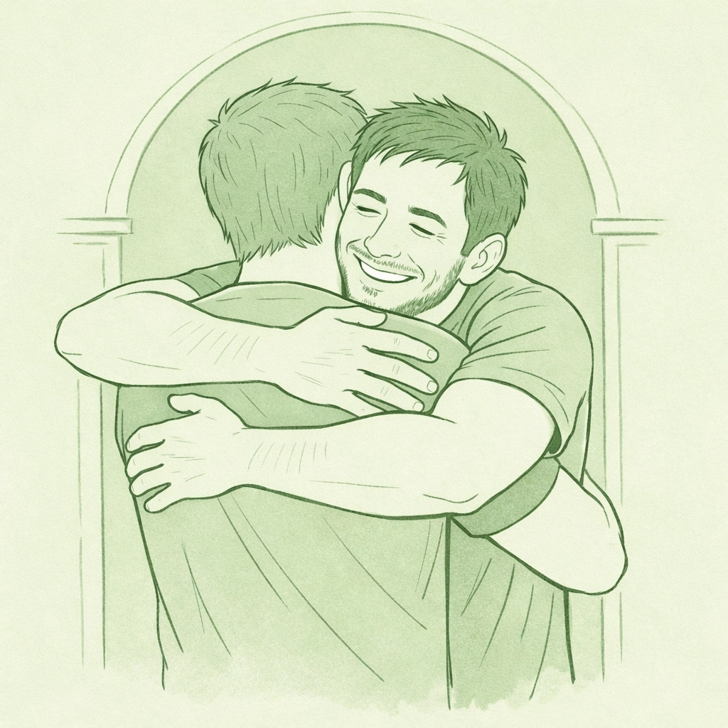 Gay men embracing in doorway representing acceptance in LGBTQ affirming faith communities