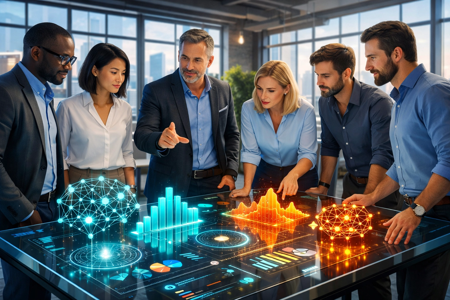 Führungskräfte in einer KI-Schulung für Unternehmen bei der Analyse von Datennetzwerken.