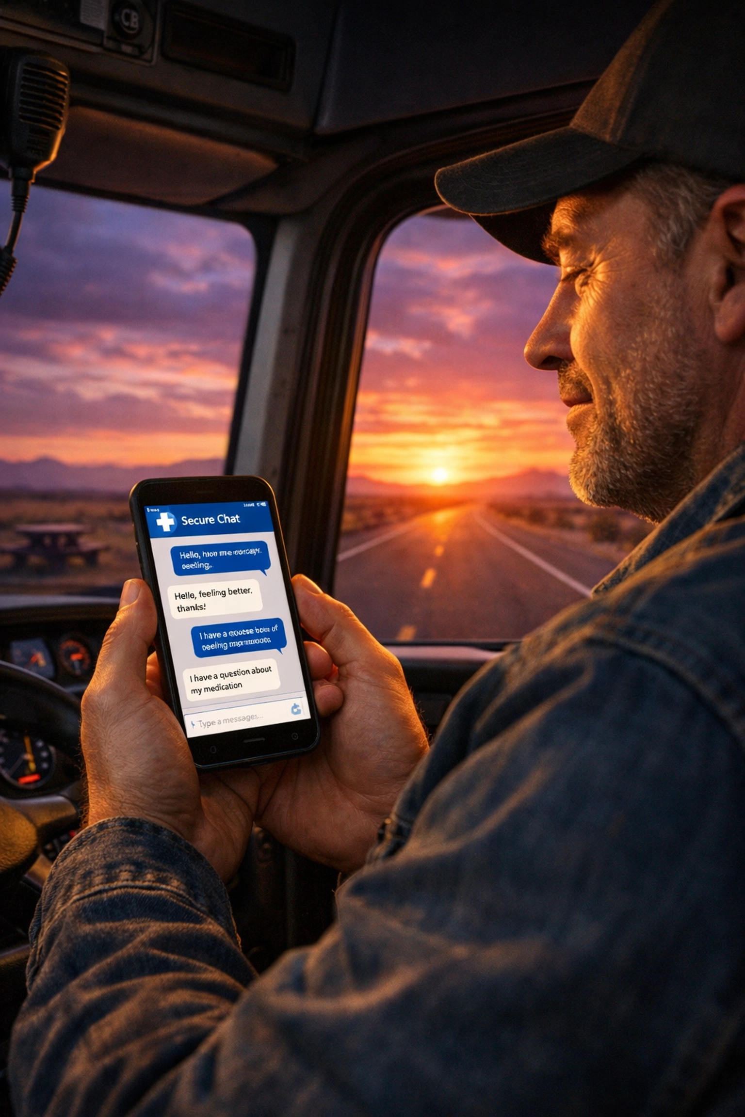 Truck driver accessing 24/7 telehealth via secure medical messaging in a truck cab.