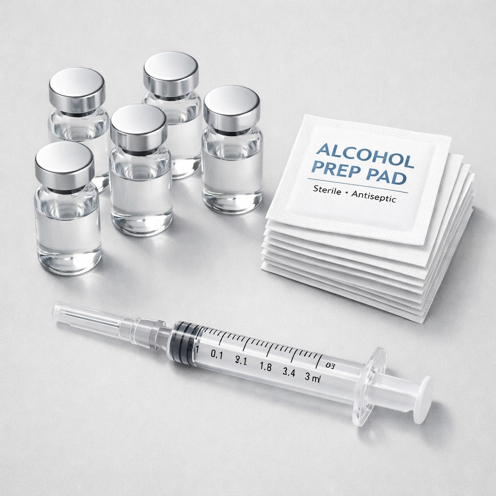 Professional peptide research toolkit including syringes, vials, and alcohol swabs.