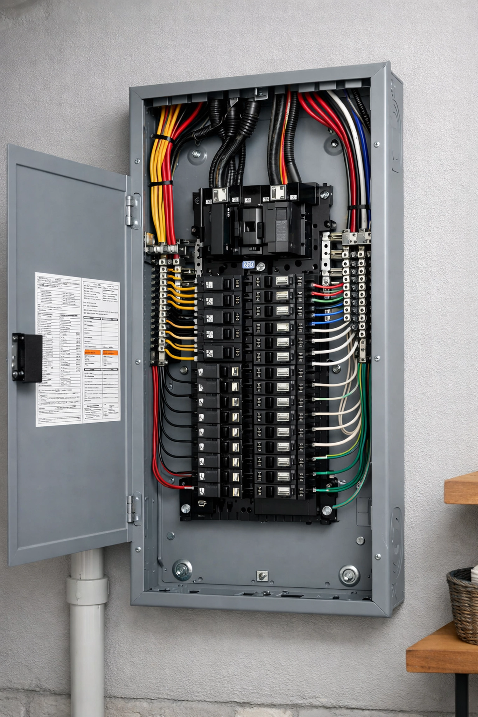 Upgraded electrical panel with professional wiring for heat pump system in Maine home