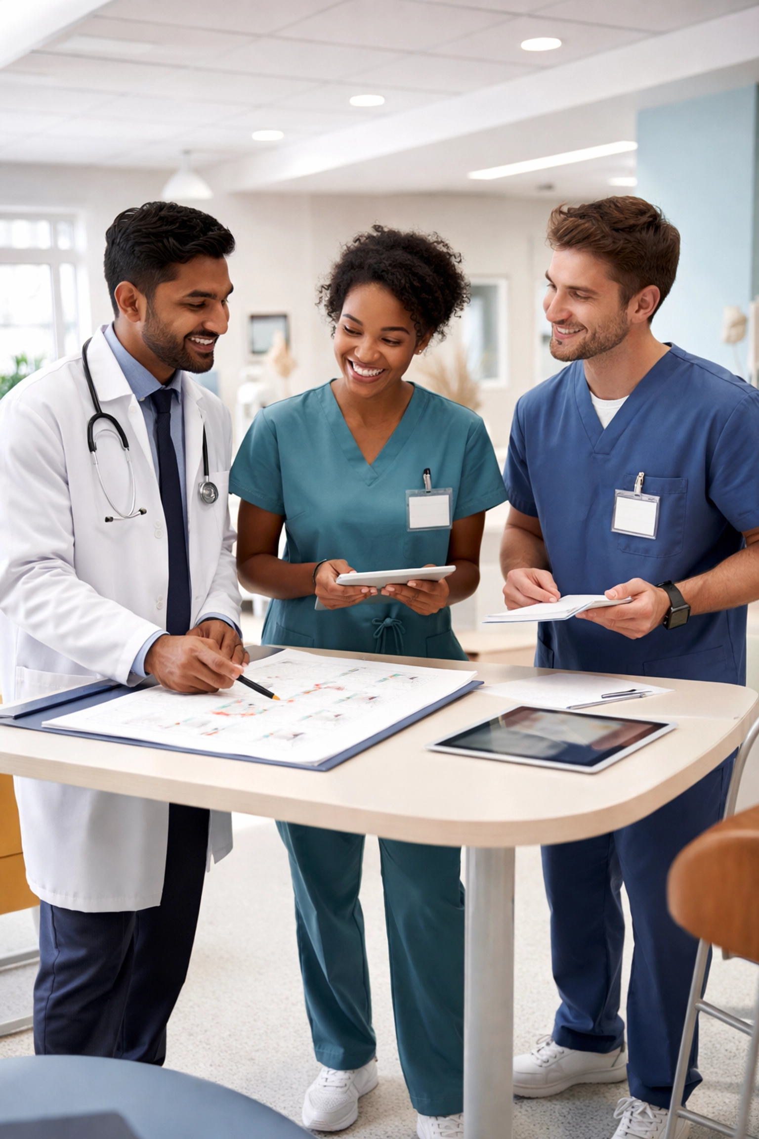 Diverse group of healthcare professionals collaborating on flexible staffing solutions in a bright clinical setting