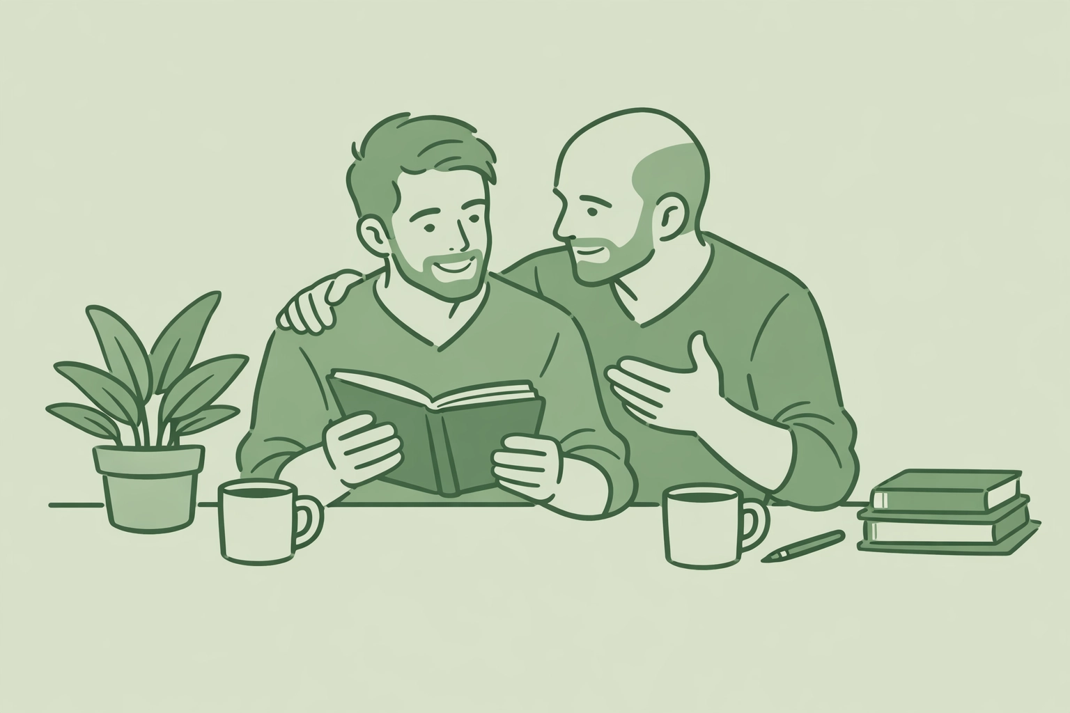 LGBTQ+ authors collaborating on manuscript, supportive partnership for gay fiction writing