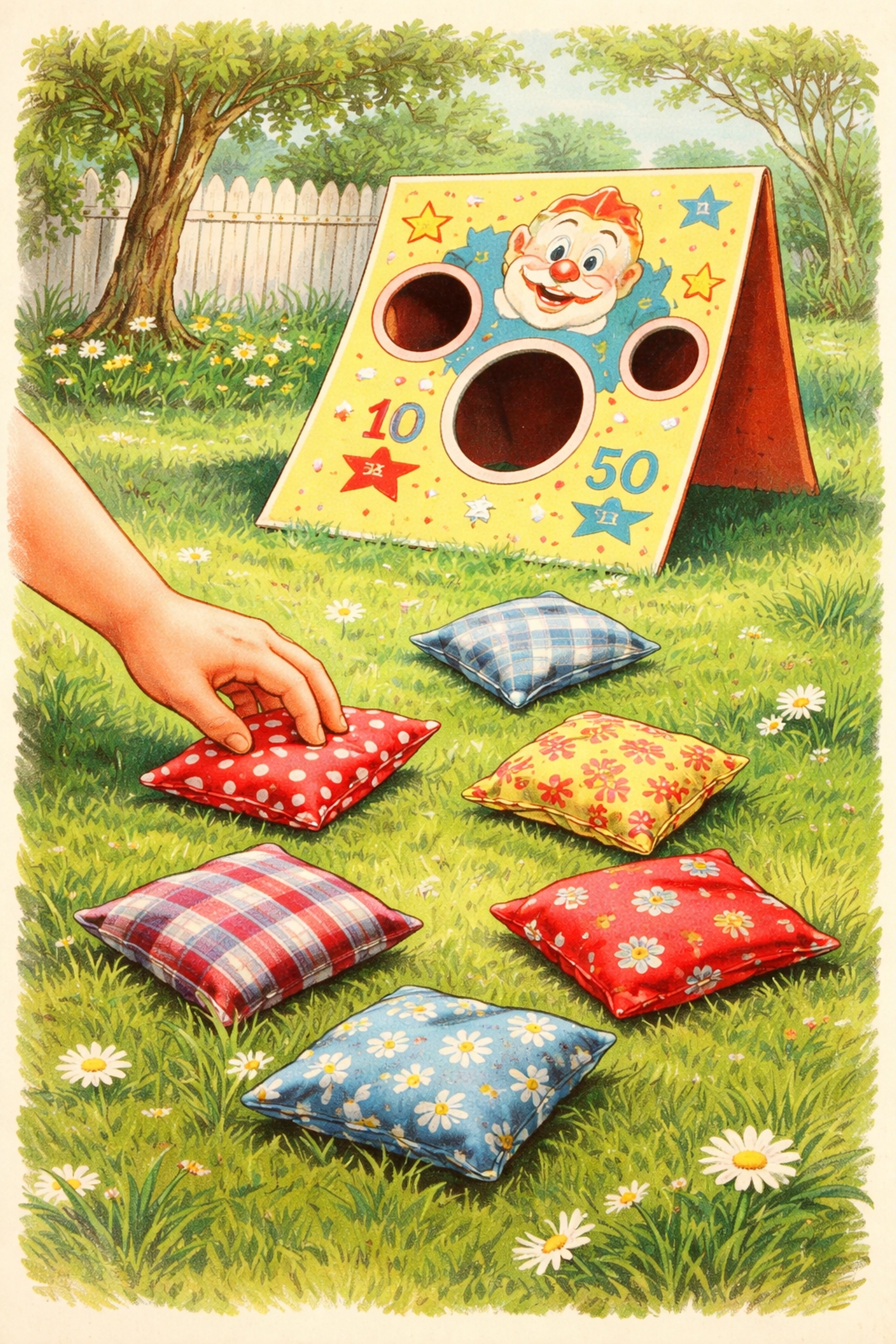 Handmade bean bags on grass beside painted DIY bean bag toss, kid reaching for a bean bag