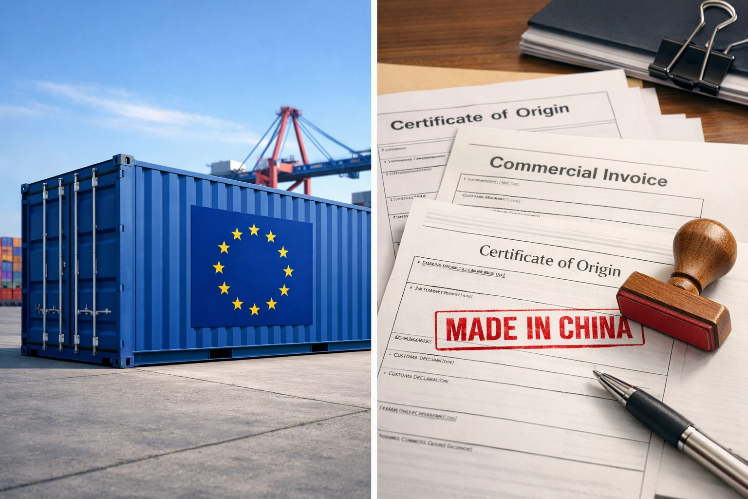 EU shipping container and Made in China stamp showing origin vs shipping location difference