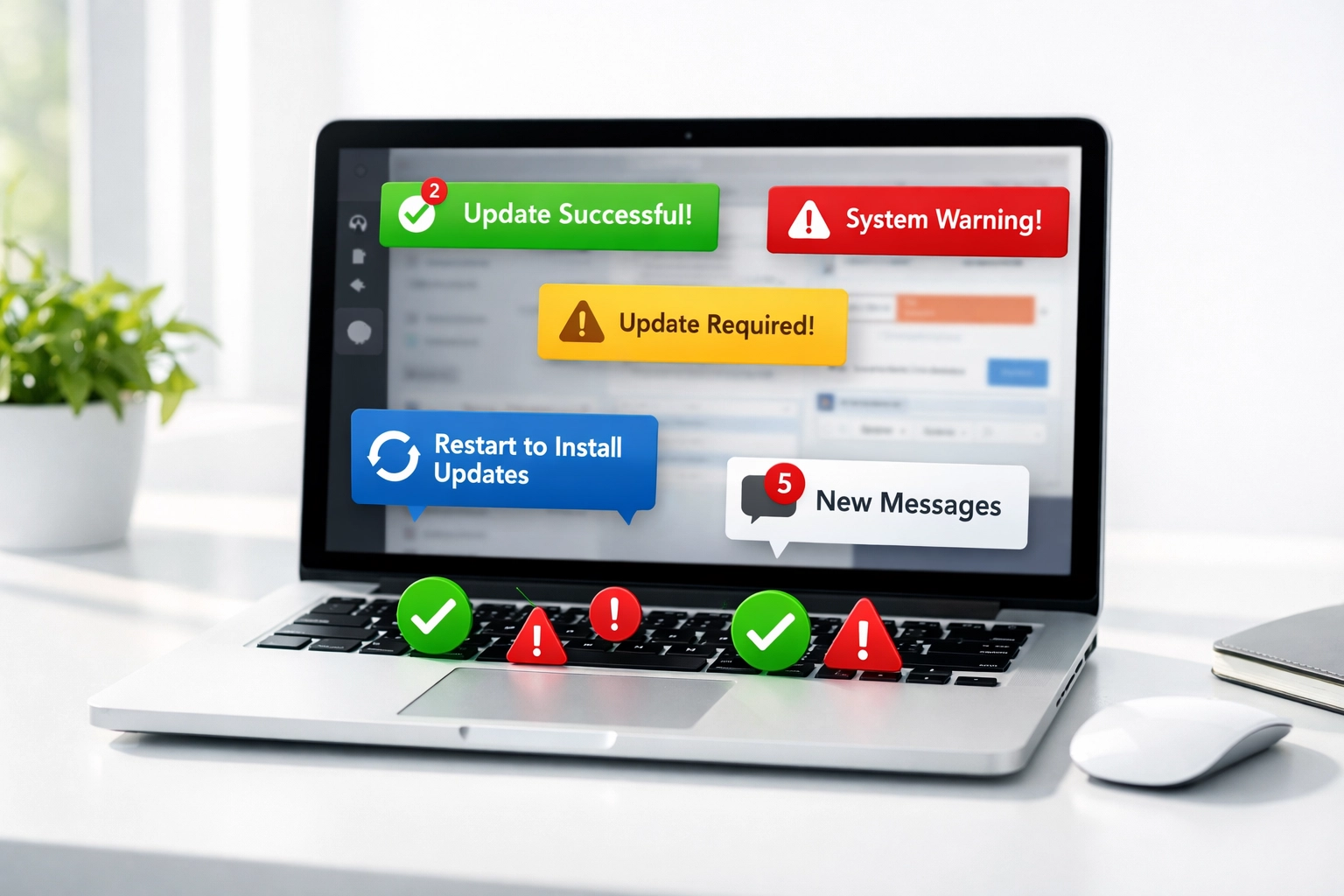 Laptop displaying software update notifications and security alerts for website maintenance