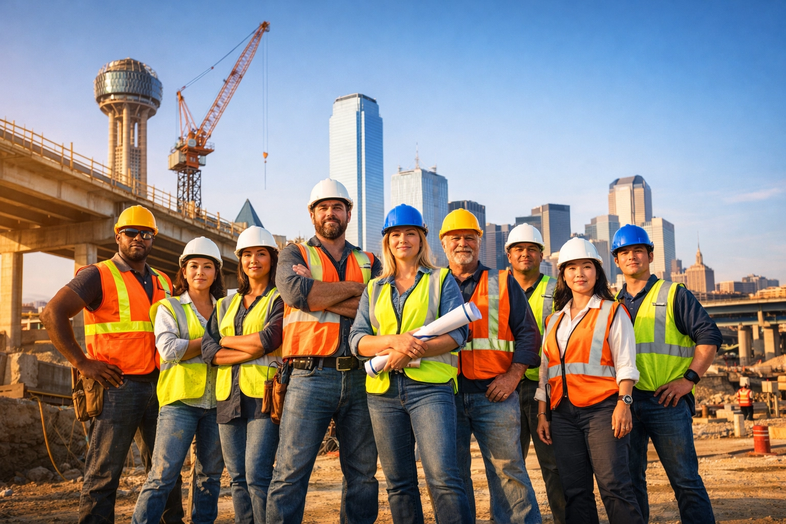 Professional construction crew in downtown Dallas managing payroll compliance for Texas trade businesses.