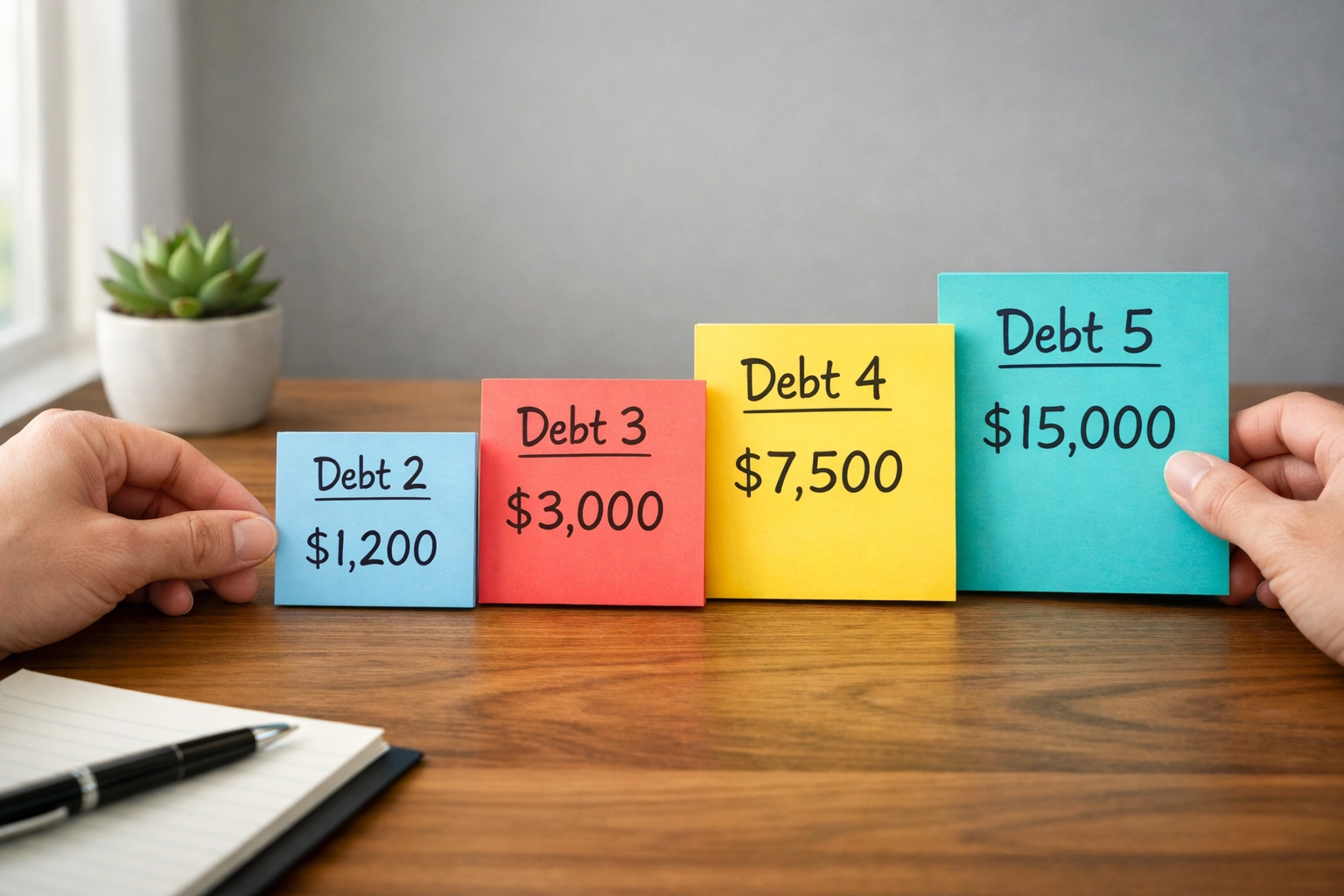 Organizing debts with sticky notes showing debt snowball method smallest to largest