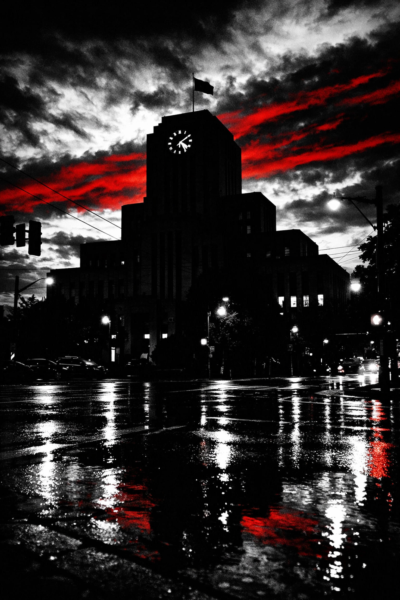 Vancouver City Hall silhouette during council debates on housing for local daily news.