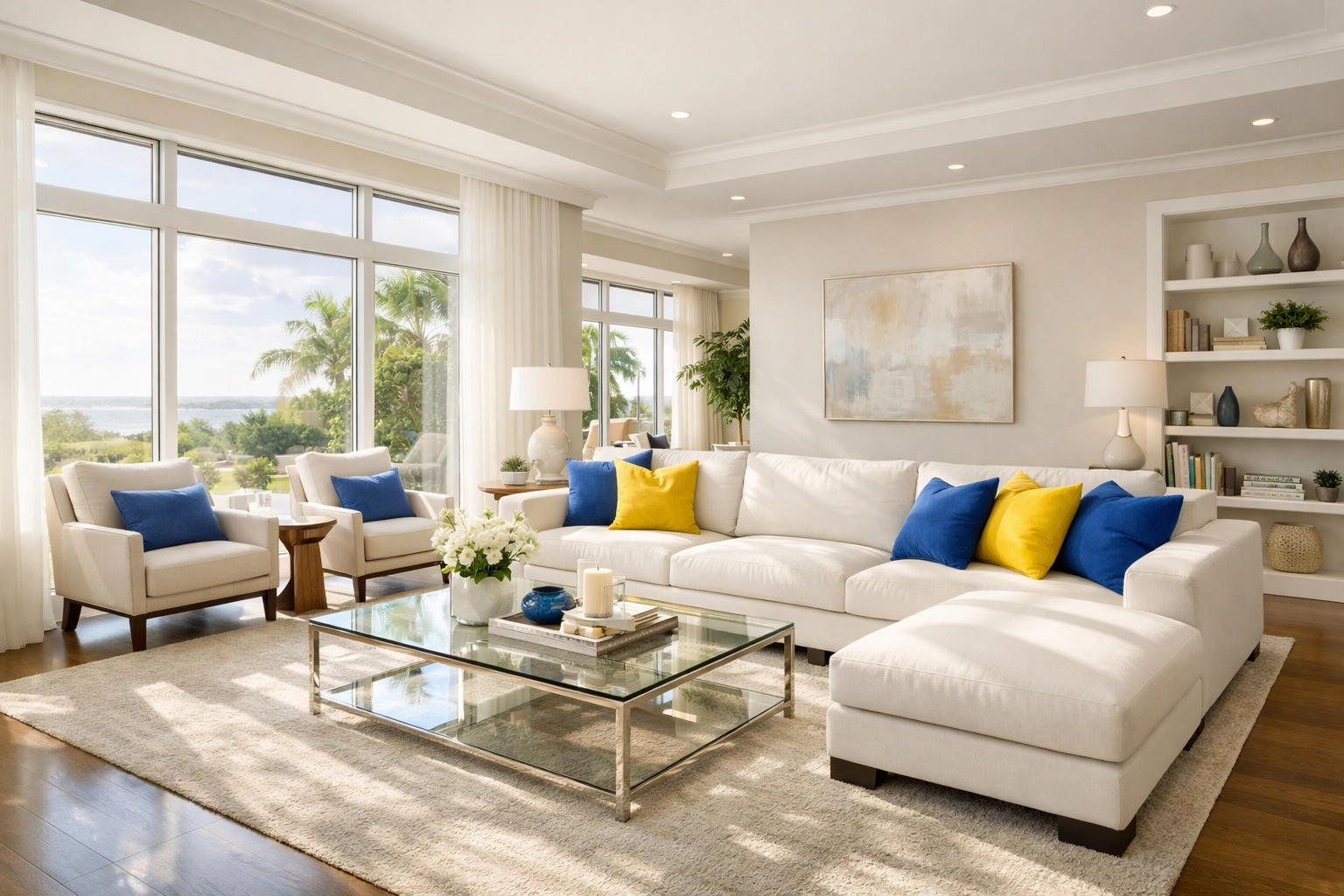 Bright and organized living room representing a fresh spring reset for a home in Natick, Massachusetts.