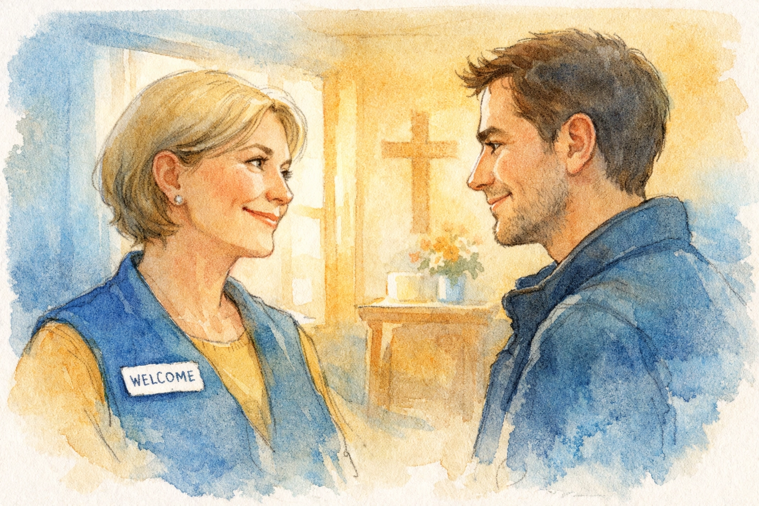 Church greeter making warm eye contact with visitor in church foyer