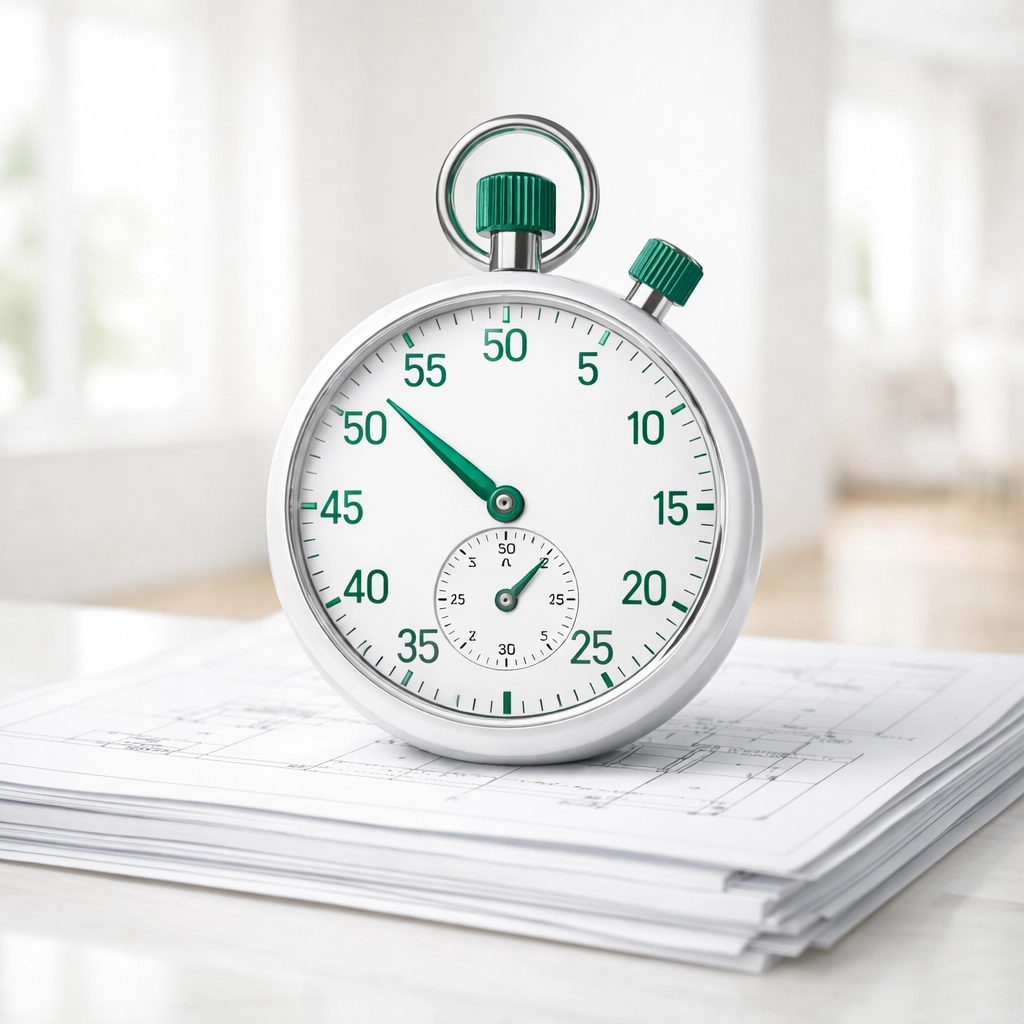White stopwatch on home blueprints representing fast hard money loan closing times for real estate investors.