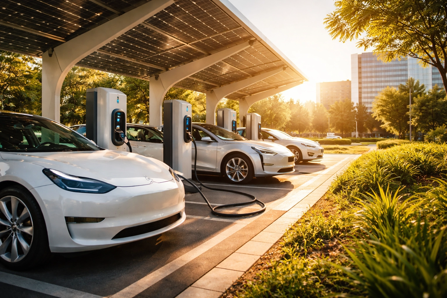 Electric vehicles charging at a solar-powered station, highlighting sustainable transportation marketing trends.