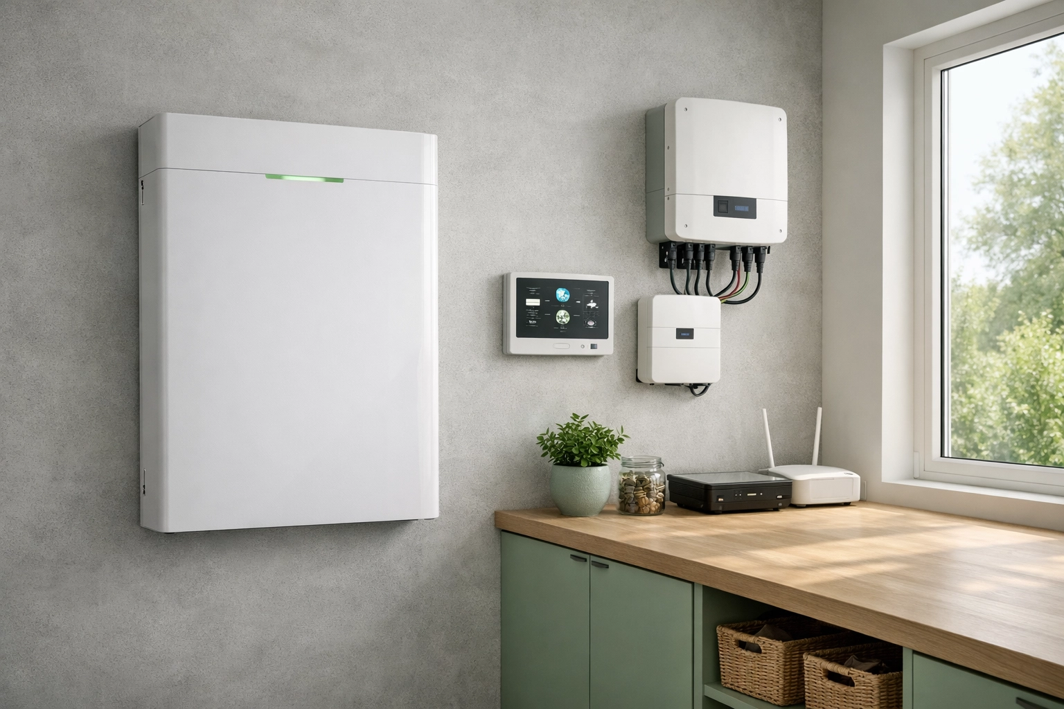 Modern home energy storage battery system installed in a minimalist utility room for grid independence.
