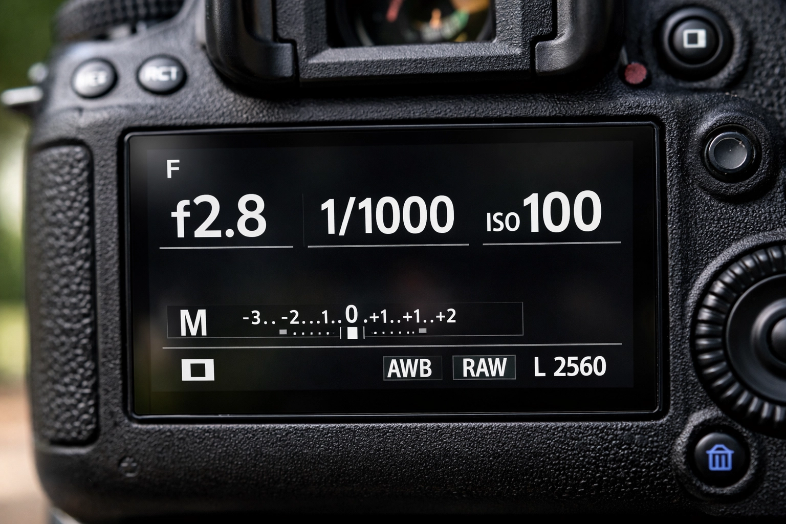 Close-up of camera screen showing how to use manual mode camera settings for exposure.