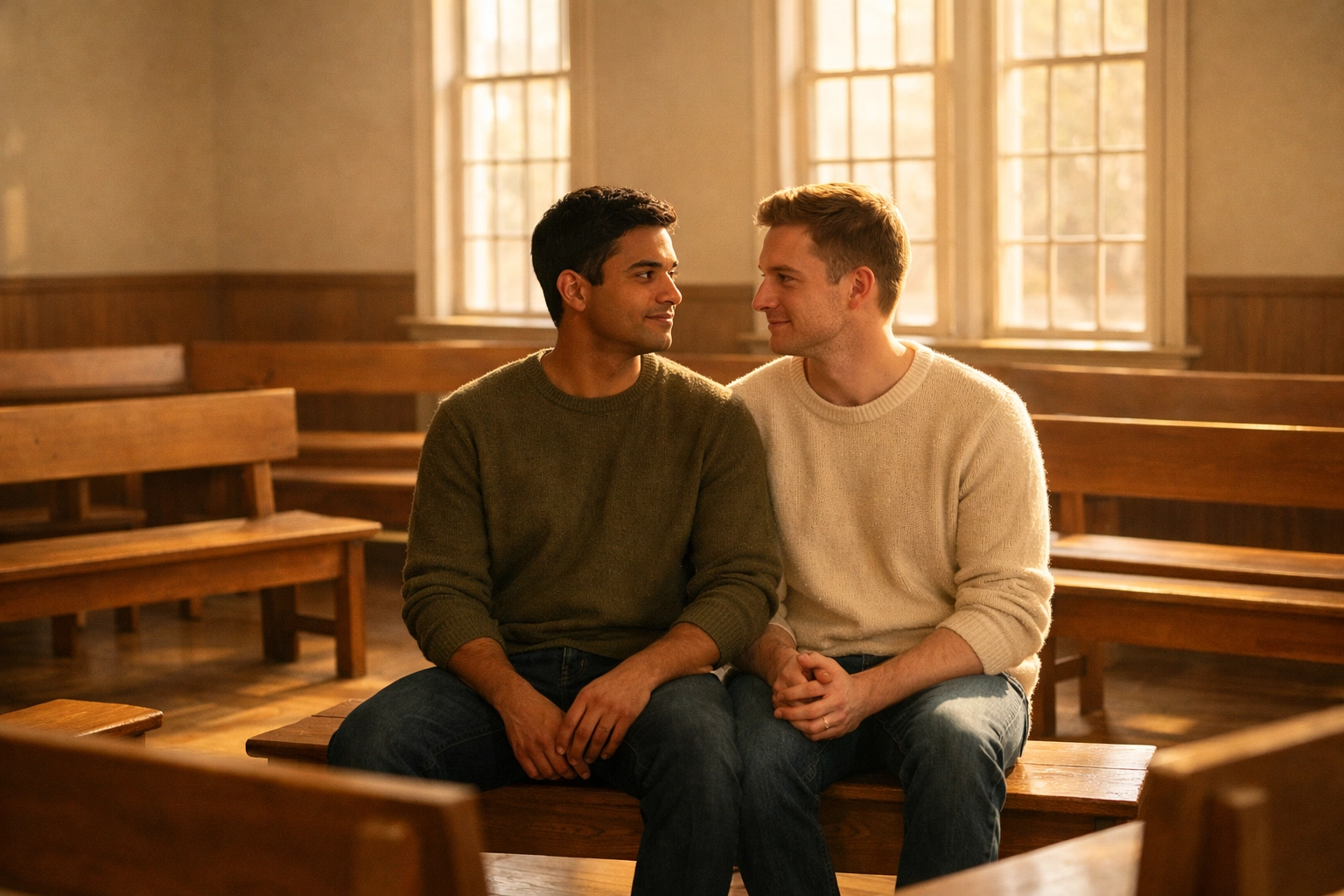 Gay couple Marcus and Owen sitting peacefully in Philadelphia Quaker meeting house during worship