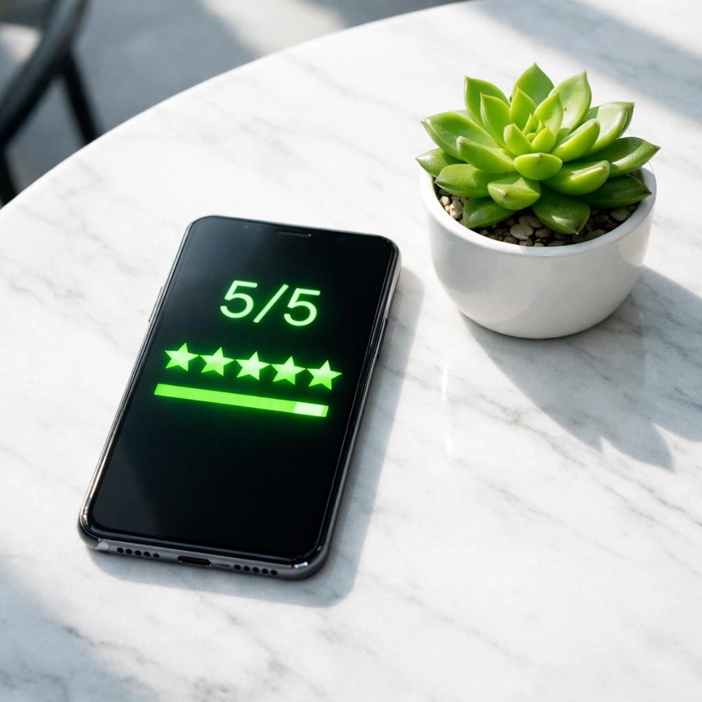 Smartphone with 5-star customer ratings, boosting local SEO and small business reputation.