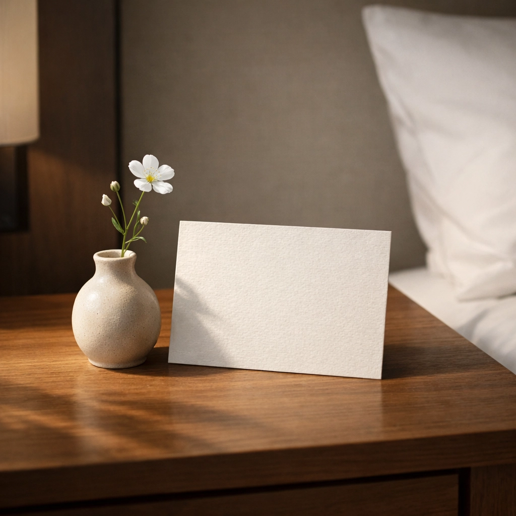 Personalized greeting on a hotel bedside table powered by automated CRM technology.