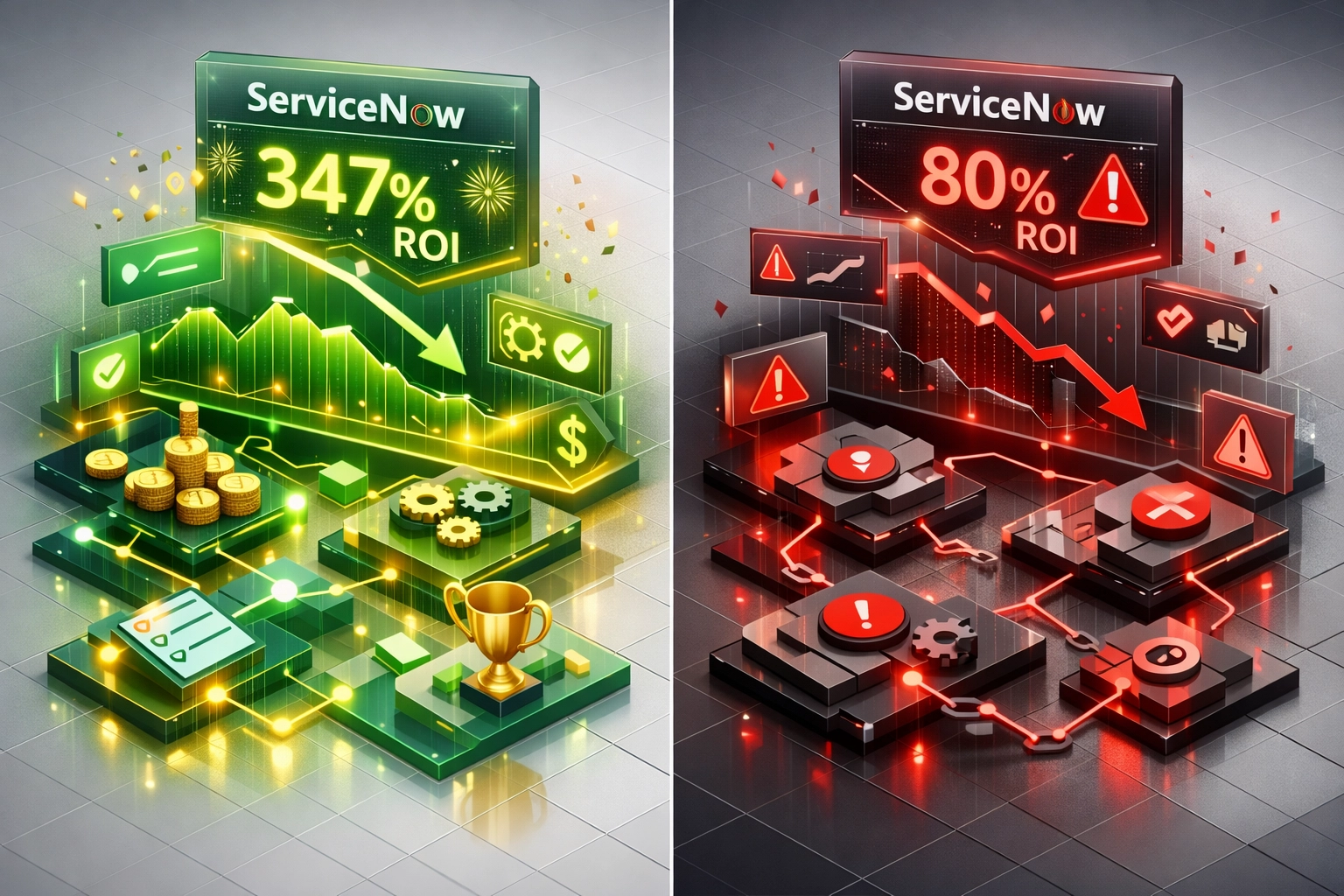ServiceNow implementation partner ROI comparison showing 347% success vs 80% failure outcomes