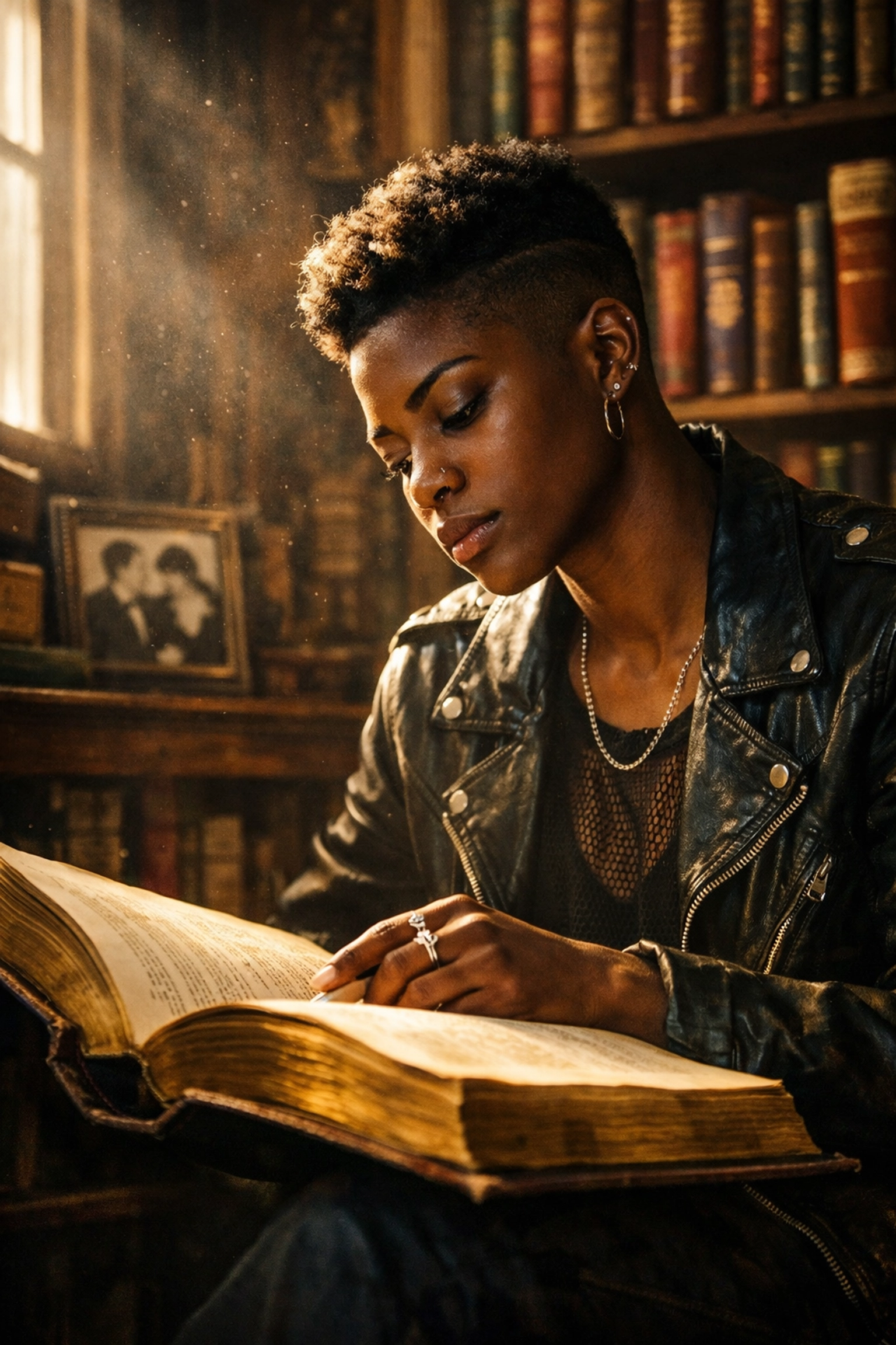 Young Black queer person reading a historical memoir in a library, exploring LGBTQ+ history and legacy.