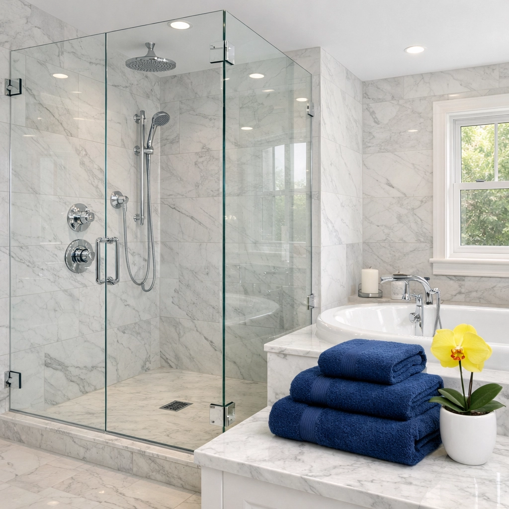 Deep cleaned luxury bathroom in Boxford featuring streak-free glass and polished white marble tiles.