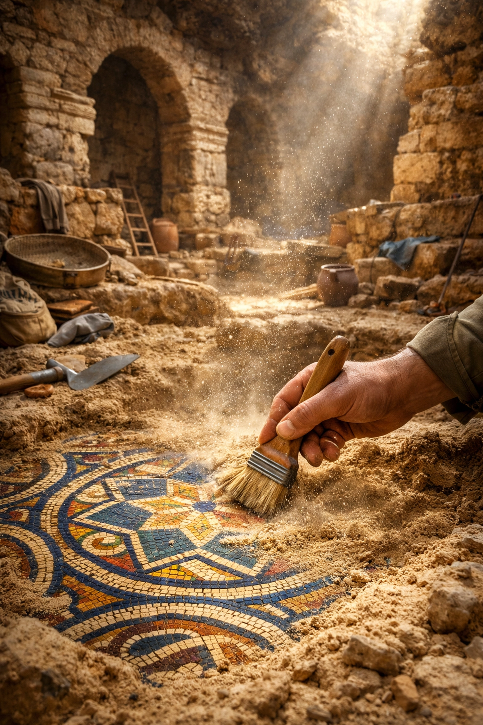 Archaeologist uncovering the 3rd-century Megiddo mosaic floor in an ancient Christian prayer hall.