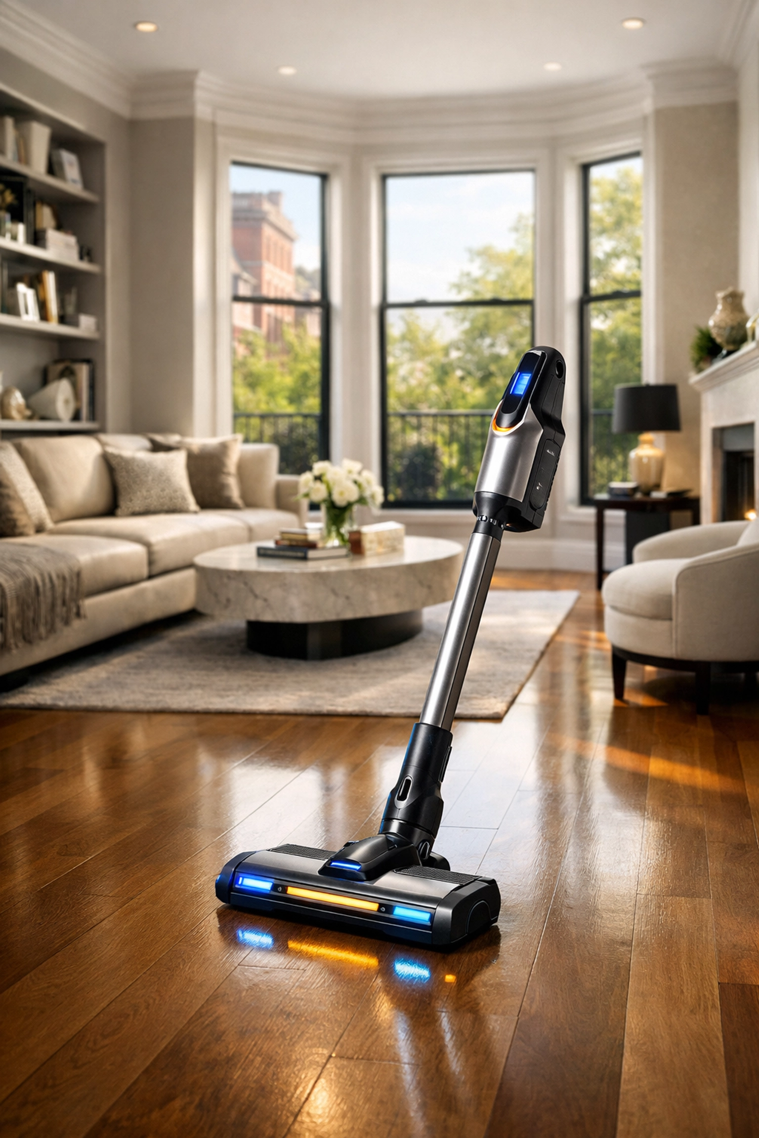 Modern living room in a Boston brownstone illustrating eco-friendly cleaning and healthy air quality.